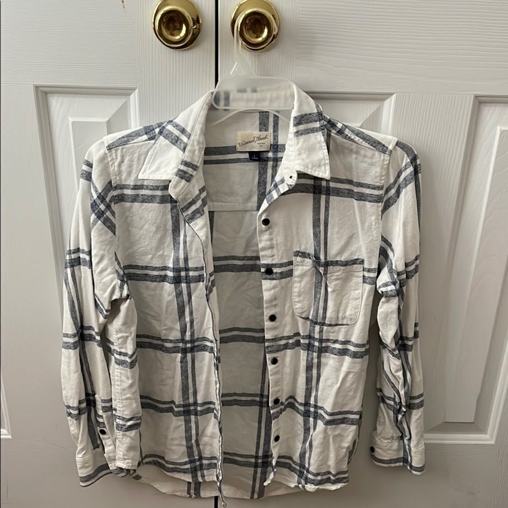 White and Black Plaid Button-Up Shirt